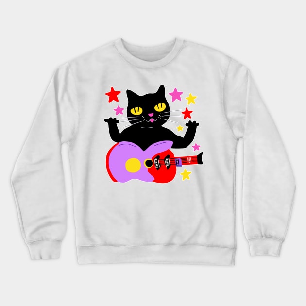 Black Cat Plays Guitar Crewneck Sweatshirt by loeye